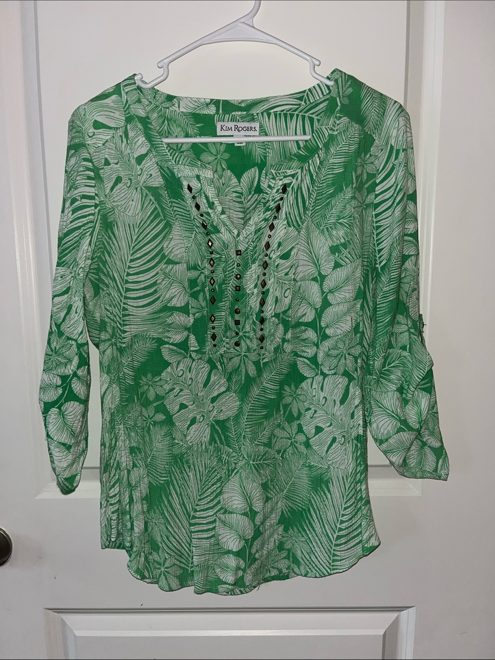 Kim Rogers Green & White Tropical Lace-Up Peasant Top